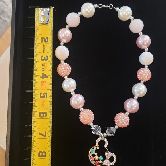Adorable Pink Shades Bubblegum Beaded w/Gold Tone Colorful Rhinestone Necklace - Picture 12 of 13